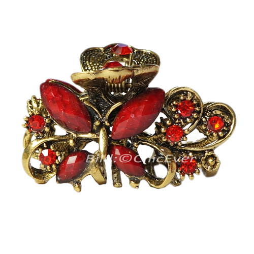 Haargreifer Schmetterlinge Haarklammer Metall Strass 3x2cm rot gold 5691c - zum Schließen ins Bild klicken